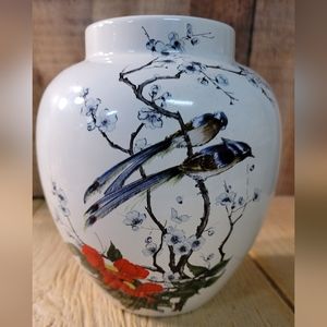 7-3/4 Tall Vase With Blue Jay Pair sitting on a branch.